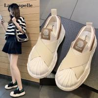 拉夏贝尔新款拉夏贝尔2022年春季新款小白鞋鞋面交叉带时尚一脚蹬休闲鞋