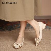 拉夏贝尔新款粗跟低跟单鞋尖头蝴蝶结浅口女式皮鞋