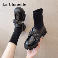 拉夏贝尔黑色厚底袜鞋乐福鞋女2022新款小皮鞋女英伦风蝴蝶结单鞋