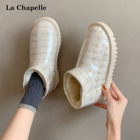 拉夏贝尔雪地靴女加绒2022秋冬季新款皮面防水保暖棋盘格短筒棉鞋