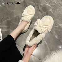 拉夏贝尔毛毛鞋女外穿2022年新款冬季一脚蹬加绒单鞋蝴蝶结豆豆鞋