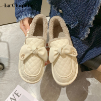 拉夏贝尔毛毛鞋女冬外穿2022年新款加绒面包棉鞋蝴蝶结保暖豆豆鞋[上新]