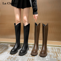 拉夏贝尔长筒靴女小个子V口不过膝棕色厚底显瘦长靴高筒骑士靴子[上新]