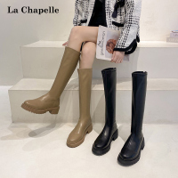 拉夏贝尔不过膝长筒靴女2022年新款杏色骑士靴子秋冬季厚底高筒靴[上新]