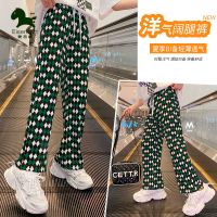 爱西娜儿童菱形格子裤阔腿休闲时髦裤子中大童装宽松防蚊裤九分潮