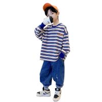 爱西娜童装秋季男童卫衣2022年新款初秋炸街时尚个性条纹印花慵懒