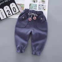 口袋双蝴蝶结加绒裤蓝色 80 (建议身高65-75cm左右) 质量保证女童休闲裤秋冬季外穿洋气小秋冬婴儿童装秋装加绒长裤