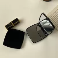 圆弧形-亮黑色 约7cm*7cm 小香风黑色镜子随身化妆镜手持双面小镜子放大补妆镜包包便携折叠