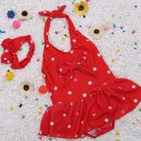 红色+发带 2XL(120-130) 儿童泳衣女孩连体波点爱心宝宝温泉女童公主泳装婴儿游泳衣送发带
