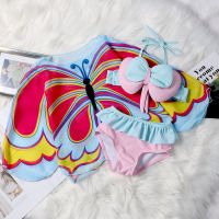 天蓝色 S 儿童泳衣女三件套比基尼可爱儿童泳装分体罩衫防晒女童宝宝游泳衣