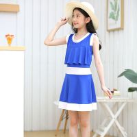 宝蓝色 M码(建议身高100-110CM) 儿童泳衣女童韩版连体公主裙式保守宝宝中大童游泳衣女孩学生泳装