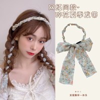 8#浅绿色碎花珍珠-8O7 发箍飘带一体夏天碎花发带丝巾绑发女款日常外戴系带编发丝带头饰