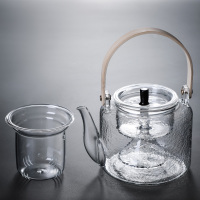 竹提梁蒸煮两用壶(锤纹) 提梁壶耐高温玻璃手工锤纹煮茶蒸茶两用壶泡茶壶可电陶炉加热