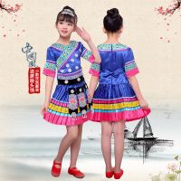 V领蓝色女款 100 少数民族服装儿童男女演出服广西壮族苗族彝族侗族表演舞蹈裙全套