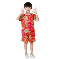 红色碎花男款套装 110cm 儿童东北农村大花布衣服男女童大花短裤套装嘻哈搞笑民族风演出服