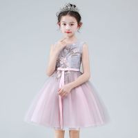 8818粉灰色背心礼服[送皇冠] 110 公主裙女童蓬蓬纱儿童高端走秀晚礼服花童婚纱主持人钢琴演出服