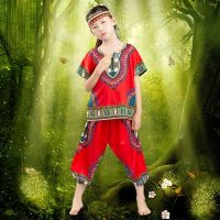 红色套装+头绳 100 野人演出服儿童元旦非洲鼓套装印第安人舞蹈服男女傣族少数民族服