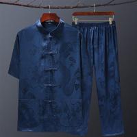 大龙蓝色-套装 165/38110斤以下 夏装爸爸唐装男短袖中老年套装中式男装衣服爷爷装汉服中国风冰丝