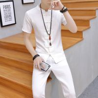 58白色(衣服+裤子) M80-100斤内 夏季冰丝套装男短袖中国风盘扣唐装开衫t恤男士开衫装休闲两件套