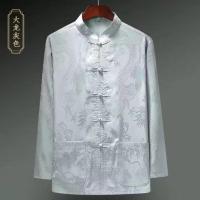大龙银灰色长袖上衣 165号(80-100斤)左右 爸爸夏季中老年长袖唐装男套装中国风丝质薄款爷爷装晨练汉服夏天