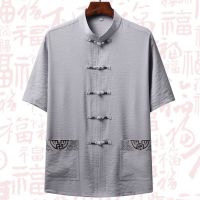 [单件上衣]皱麻款/浅灰色 39/165建议90-115斤 2021夏季唐装男中老年人短袖套装中国风男装爸爸装爷爷棉麻衣