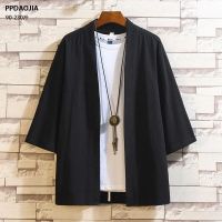纯黑色 特价款 M 夏季汉服男中国风亚麻唐装和服开衫外套七分袖日系宽松古装道袍