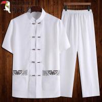 白色-金丝扣[短袖套装] 39 推荐[80-110]斤 啄木鸟夏季中老年人短袖唐装男棉麻套装中国风男士爸爸装爷爷汉服