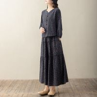 蓝色碎花 XL 建议体重95-115斤穿 民族服装女士唐装套装中国风复古棉麻上衣女春秋汉服半身裙两件套