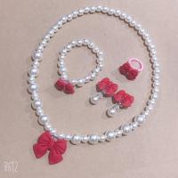 蝴蝶结项链5件套 酒红 儿童女童女孩配饰可爱蝴蝶结串珠珠子项链手链戒指耳夹套装饰品
