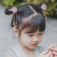 平安福康锁 紫色 一对 汉服头饰儿童古风发饰复古流苏步摇头花女童公主发夹宝宝古装配饰