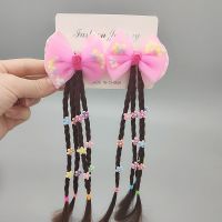 粉色纱网蝴蝶结假发对夹 可爱儿童古风假发辫对夹女童汉服中国风配饰手工蝴蝶结发夹一对