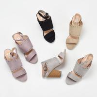 灰色 6=36 外贸大码女鞋一字带露趾粗跟高跟系扣镂空绒面气质修脚鱼嘴女凉鞋