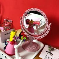 化妆镜 粉色圆形 复古宫廷风爱心桌面台式化妆镜少女梦幻粉色心形旋转双面补妆镜子
