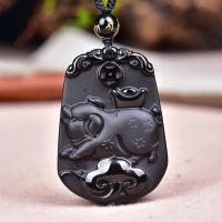 裸坠 天然磨砂黑曜石十二生肖本命年吊坠属猪者项链男女情侣挂件饰品