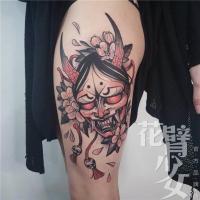 花臂少女TATTOO D22 复古浮世绘班诺面具花朵叶子骷髅花臂纹身贴