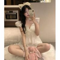 图片色一套 M[优质版/] 白色带胸垫短袖睡裙女装夏季薄款家居服套装睡衣睡裤可外穿两件套
