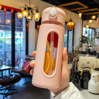 粉色-480ml(带吸管) 玻璃杯子女ins风高级感精致带吸管便携男士办公室双层隔热喝水杯