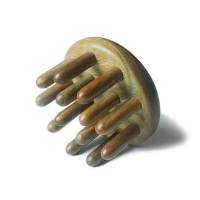 绿檀无柄洗头按摩梳 精油荷花袋 洗头按摩木梳子头疗经络梳绿檀木防女士大宽齿通乳肩颈头皮部护理