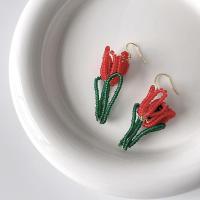 水晶串珠郁金香耳环 水晶串珠郁金香花朵耳环女手工编织个性夸张设计感大气耳钩耳饰潮