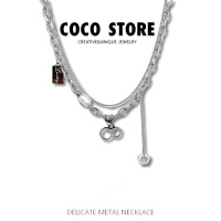 双层樱桃项链43cm+5.5cm延长链 镂空樱桃小花吊坠双层叠戴项链小众冷淡风夏季配饰潮饰品少女甜酷