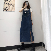 大码女装韩版开叉牛仔背带裙女200斤遮肚子胖MM中长款吊带连衣裙