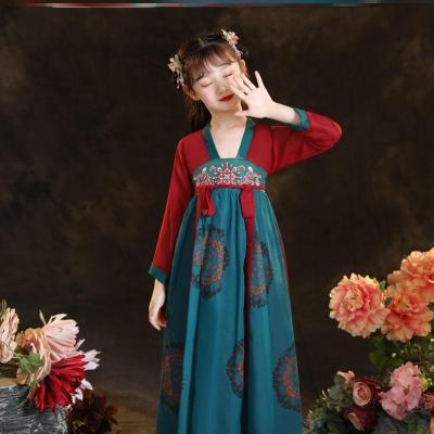 A酒红色-长袖收藏送赠品 100cm 霍元甲舞蹈服装儿童胭脂妆演出服中国风连衣裙夏汉服夏款女童短款