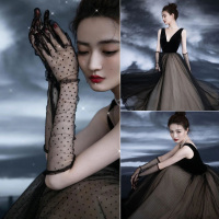 黑色徐璐同款网纱点点长款 热巴同款丝绒赫本黑色长款婚纱手套礼服影楼造型写真表演冬季保暖