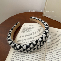 棋盘格毛线发箍 复古法式千鸟格发箍女秋冬高颅顶海绵宽边压发头箍洗脸发卡头饰