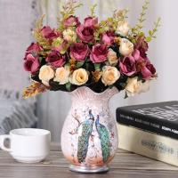 F23-双雀+4小欧玫旧红 电视柜两边摆花欧式假花仿真花客厅摆设餐桌茶几绢花卧室装饰干花