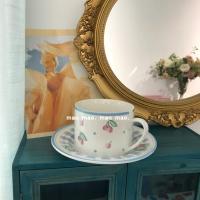 格子樱桃套杯 蓝色 日式简约时尚格子樱桃陶瓷马克杯碟套装家用单人咖啡杯下午茶双人