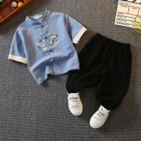 蓝色 90(90尺码偏小一码) 男童汉服夏套装复古宝宝唐装夏季古风男儿童民族服装薄款麻中国风