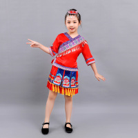 女款红色 110 少数民族服装儿童舞蹈演出服男女童苗族傣族壮族彝族瑶族民族服饰