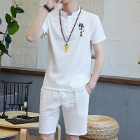 白色1302[短裤套装] M 夏唐装男士中国风仿棉麻套装短袖开衫搭配一套中式复古汉服两件套