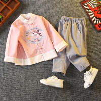 粉红色 100 儿童汉服男童秋中国风棉麻套装长袖复古国学唐装两件套国庆演出服